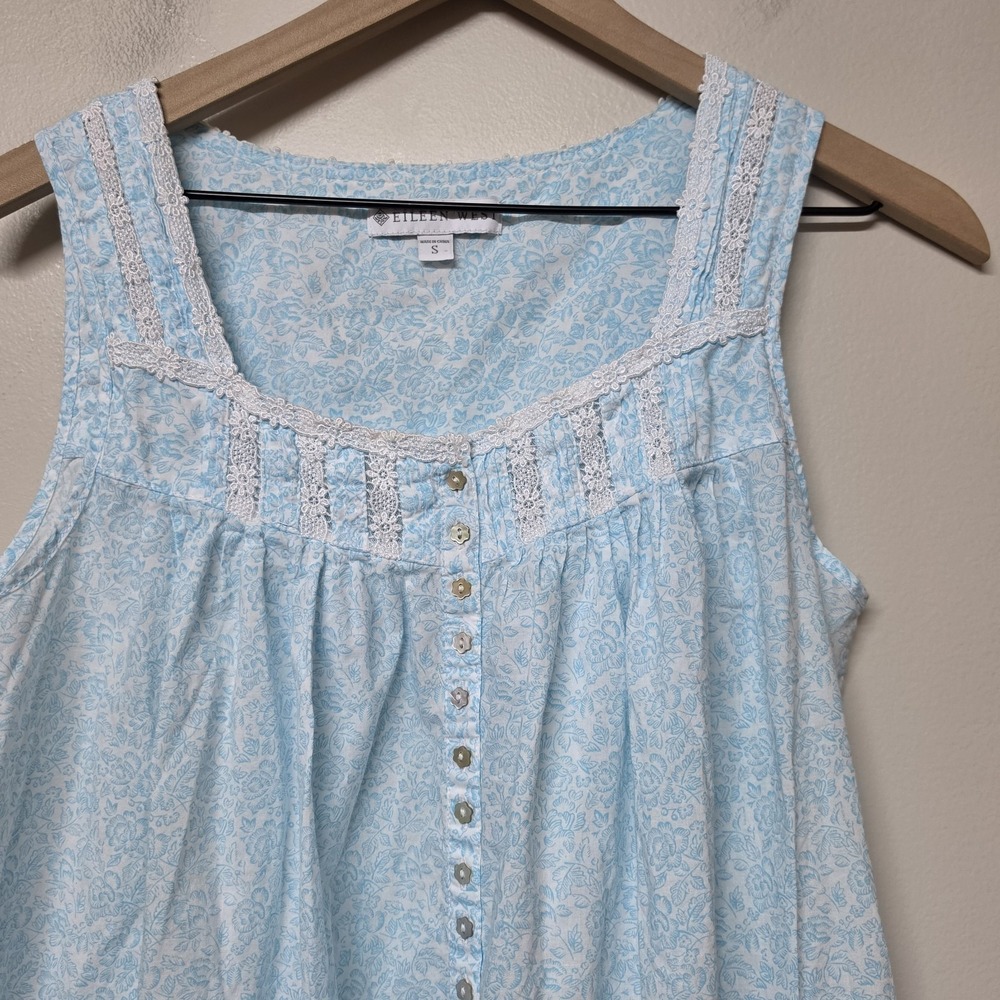 Eileen West Women's Blue Floral 100% Cotton Sleeveless Nightgown Dress Sz Small - Picture 2 of 7